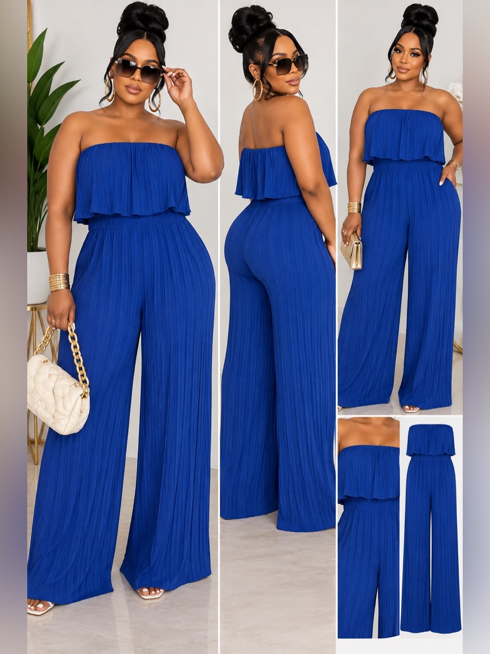 Strapless Royal Blue Pleated Wide-Leg Jumpsuit